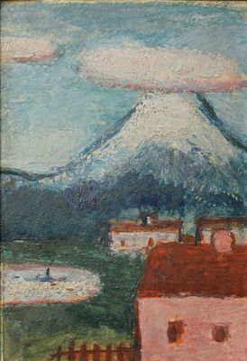une image représentant une peinture d'une montagne au loin