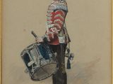 painting of a man in uniform holding a drum and a drum case