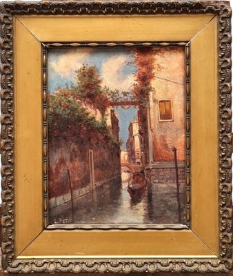 painting of a canal scene with a gondola in a gold frame