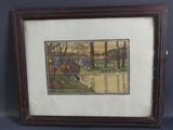 an old framed picture of a horse and rider in a wooded area