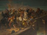 une peinture représentant un groupe d'hommes à cheval