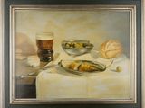 painting of a still life of bread, olives, and a glass of beer