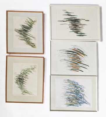four framed art pieces of different colored brush strokes on a white surface
