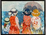 a painting of three women with umbrellas on the beach