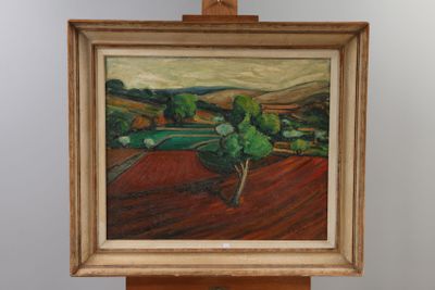an oil painting of a field with trees and hills in the background