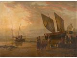 painting of a group of people standing on a beach next to a boat