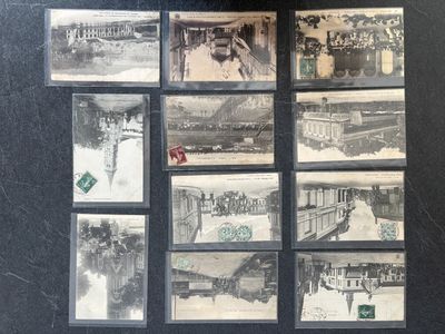 several black and white photographs of people and trains on a black surface