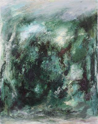 une peinture à l'huile représentant un paysage vert et blanc avec des arbres en arrière-plan