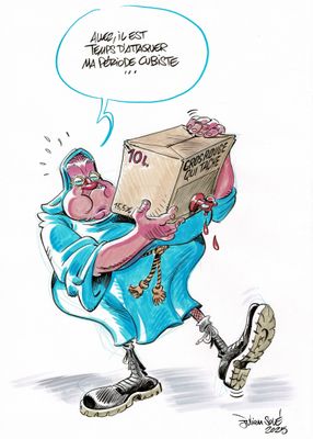 caricature politique représentant un homme portant une boîte surmontée d'un message