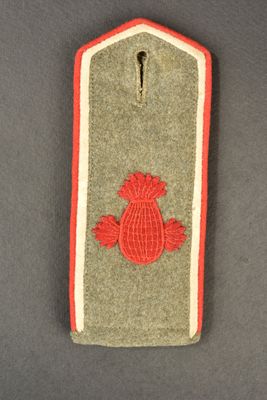 an army uniform badge with a red flower on a gray background