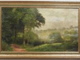 a painting of a wooded landscape with a path in the foreground