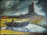 a painting of a boat in a body of water