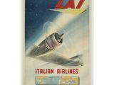 une vieille affiche représentant un avion survolant une ville