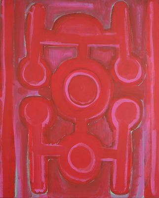 an abstract painting of red and pink shapes on a red background