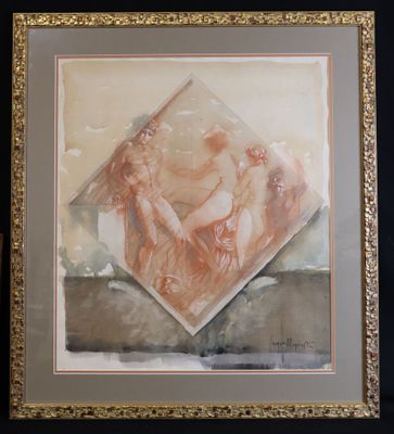 an image of a painting of a woman sitting on a ledge