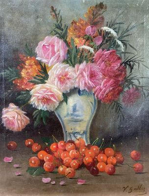 painting of a vase of flowers with cherries and cherries on a table