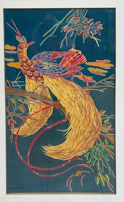 Peinture sur soie figurant un oiseau majestueux.