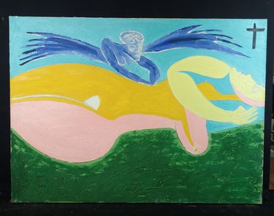 a painting of an angel flying over a body of water