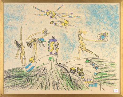 drawing of a group of people on a hill with a sky background