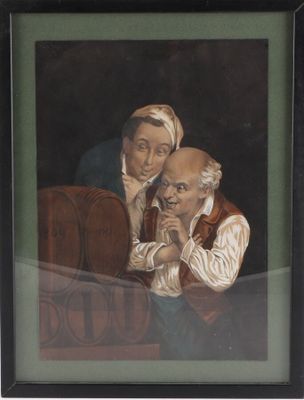 tableau représentant un homme et une femme appuyés contre un tonneau de vin