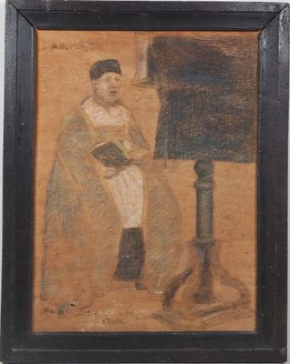 an old painting of a woman sitting on a chair next to a lamp