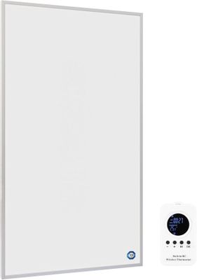 a close up of a white panel light with a remote control