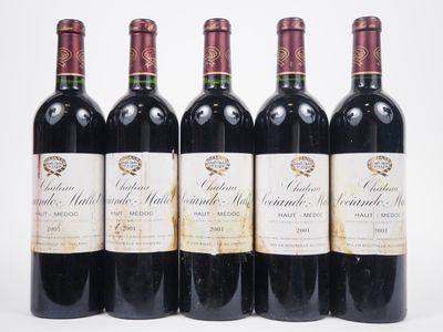 six bouteilles de vin rouge sont alignées
