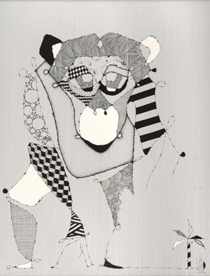 a black and white drawing of a man and a bear