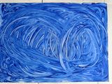 painting of a blue abstract painting on a white tile floor