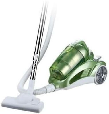 a close up of a green and white vacuum cleaner on a white background