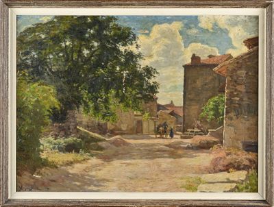 une image représentant une peinture d'une rue de village avec une calèche