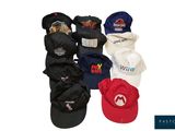 six different hats with different logos on them on a white background