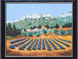 an oil painting of a lavender field with a mountain in the background