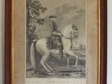 painting of a man riding a white horse in a wooded setting