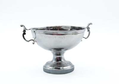 an image of a silver cup with handles on a white background