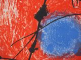 abstract painting of a blue circle on a red background with black lines