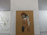 un tableau représentant une femme nue tenant un sac à main bleu