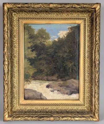 a painting of a river with rocks and trees in a gold frame