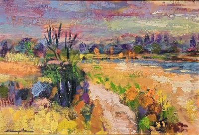 une peinture à l'huile représentant un chemin de terre dans un champ, avec une rivière en arrière-plan