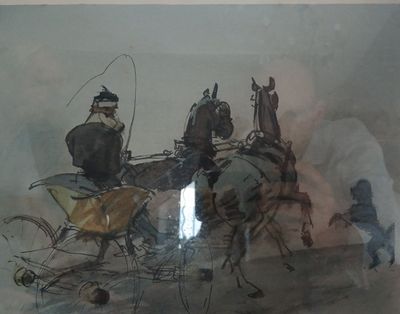 un tableau représentant une calèche tirée par deux hommes