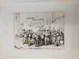 an old black and white drawing of a group of men on horses