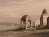 tableau représentant la vue d'un château avec un plan d'eau au premier plan