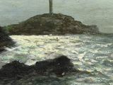 an oil painting of a lighthouse on a small island in the middle of the ocean
