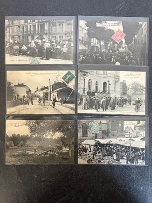several black and white photos of people and buildings in an old photo