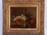 painting of a basket of fruit on a table with cherries and peaches