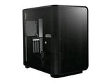 the computer case is black and has a small fan on top of it