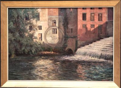 a picture of a painting of a clock on a building