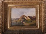 une peinture à l'huile représentant une scène de ferme avec une maison à l'arrière-plan