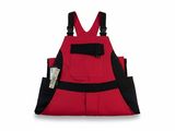 a close up of a red and black backpack on a white background