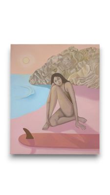 un tableau représentant une femme assise sur une planche de surf sur la plage